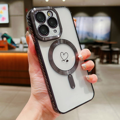 For iPhone 11 Pro Max Loves Carbon Fiber Clear Plated Magsafe TPU Phone Case(Black) by buy2fix