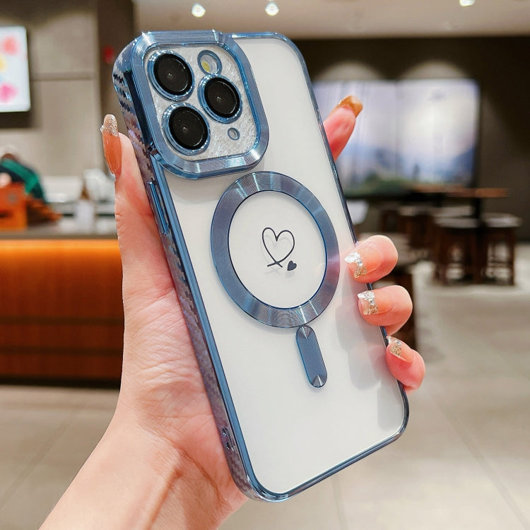 For iPhone 11 Pro Max Loves Carbon Fiber Clear Plated Magsafe TPU Phone Case(Blue) by buy2fix