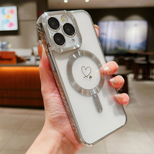 For iPhone 11 Pro Max Loves Carbon Fiber Clear Plated Magsafe TPU Phone Case(Silver) by buy2fix
