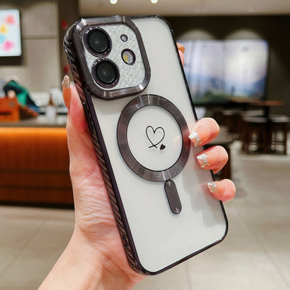 For iPhone 11 Loves Carbon Fiber Clear Plated Magsafe TPU Phone Case(Black) by buy2fix