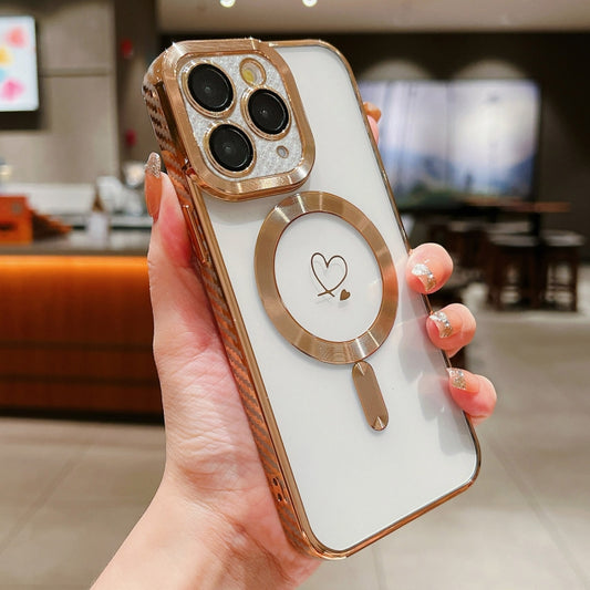 For iPhone 11 Pro Loves Carbon Fiber Clear Plated Magsafe TPU Phone Case(Gold) by buy2fix
