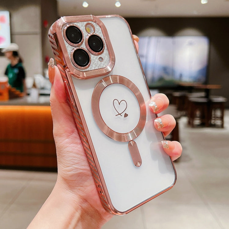 For iPhone 11 Pro Loves Carbon Fiber Clear Plated Magsafe TPU Phone Case(Rose Pink) by buy2fix