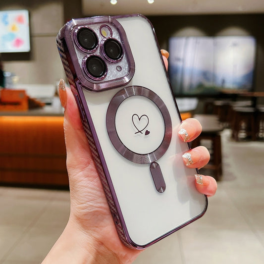 For iPhone 11 Pro Loves Carbon Fiber Clear Plated Magsafe TPU Phone Case(Purple) by buy2fix