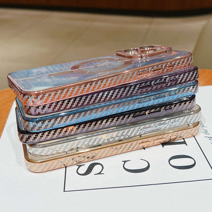 For iPhone 11 Pro Loves Carbon Fiber Clear Plated Magsafe TPU Phone Case(Rose Pink) by buy2fix
