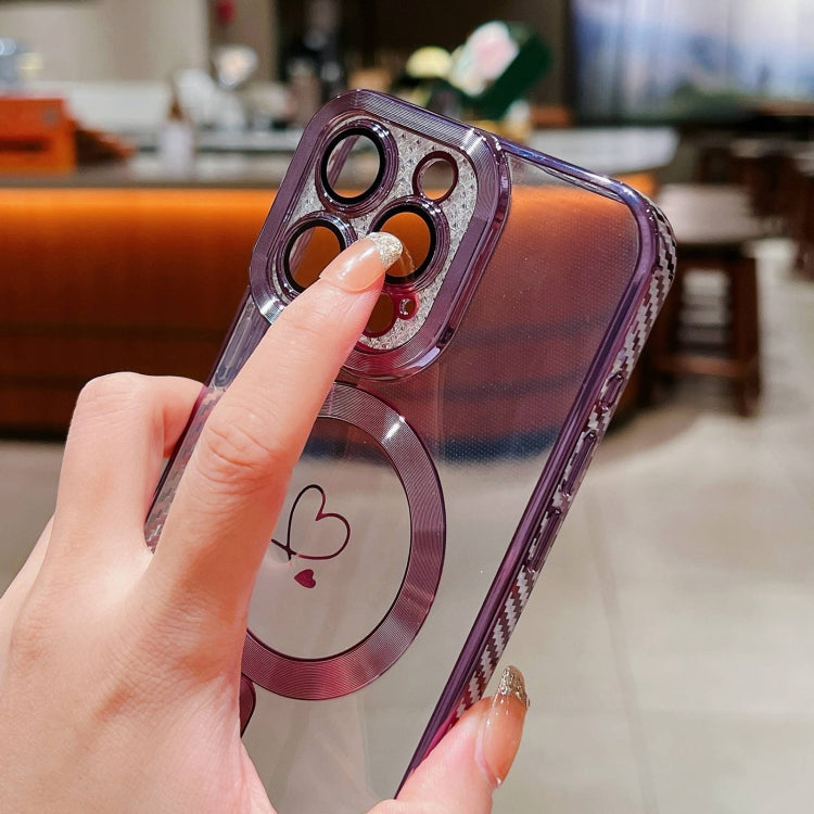 For iPhone 13 Pro Max Loves Carbon Fiber Clear Plated Magsafe TPU Phone Case(Purple) by buy2fix