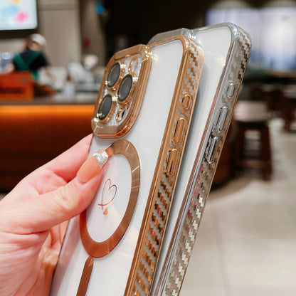 For iPhone 11 Pro Max Loves Carbon Fiber Clear Plated Magsafe TPU Phone Case(Silver) by buy2fix