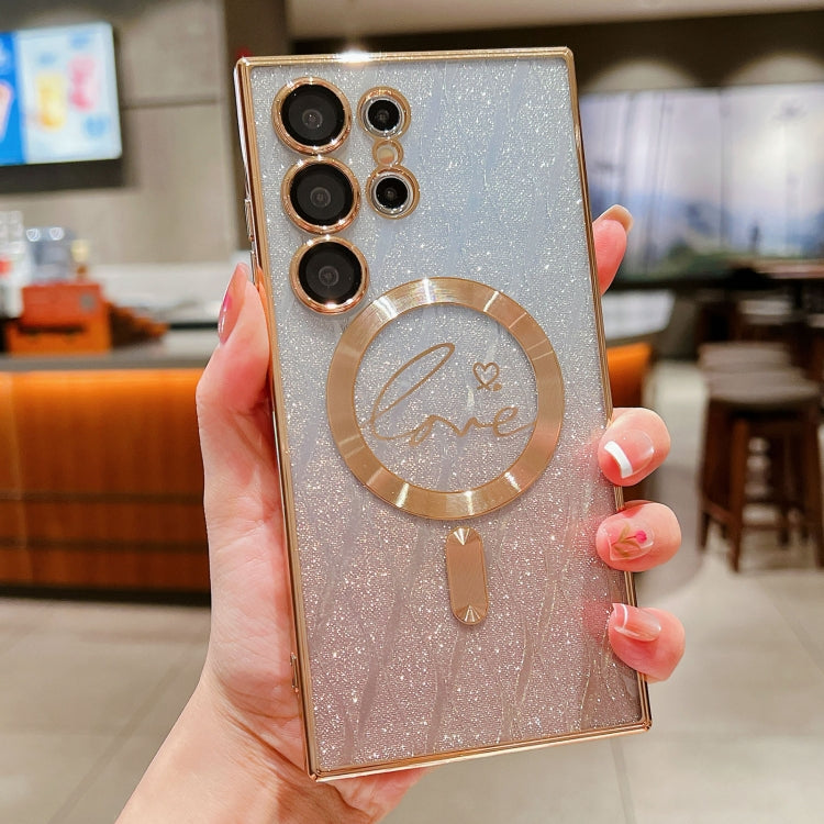 For Samsung Galaxy S25 Ultra 5G Dual-Love Leaves Gradient Glitter MagSafe TPU Phone Case(Gold) by buy2fix