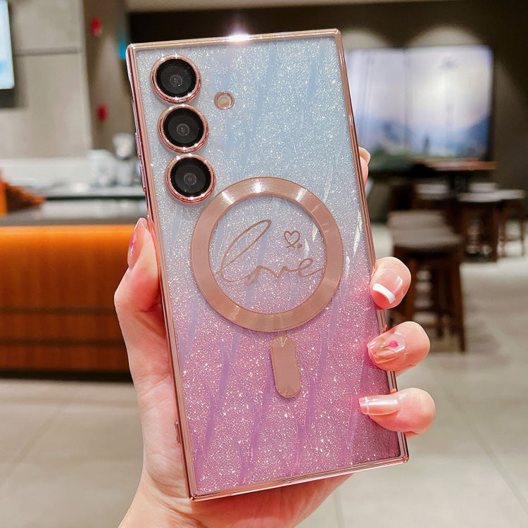 For Samsung Galaxy S25 5G Dual-Love Leaves Gradient Glitter MagSafe TPU Phone Case(Pink) by buy2fix