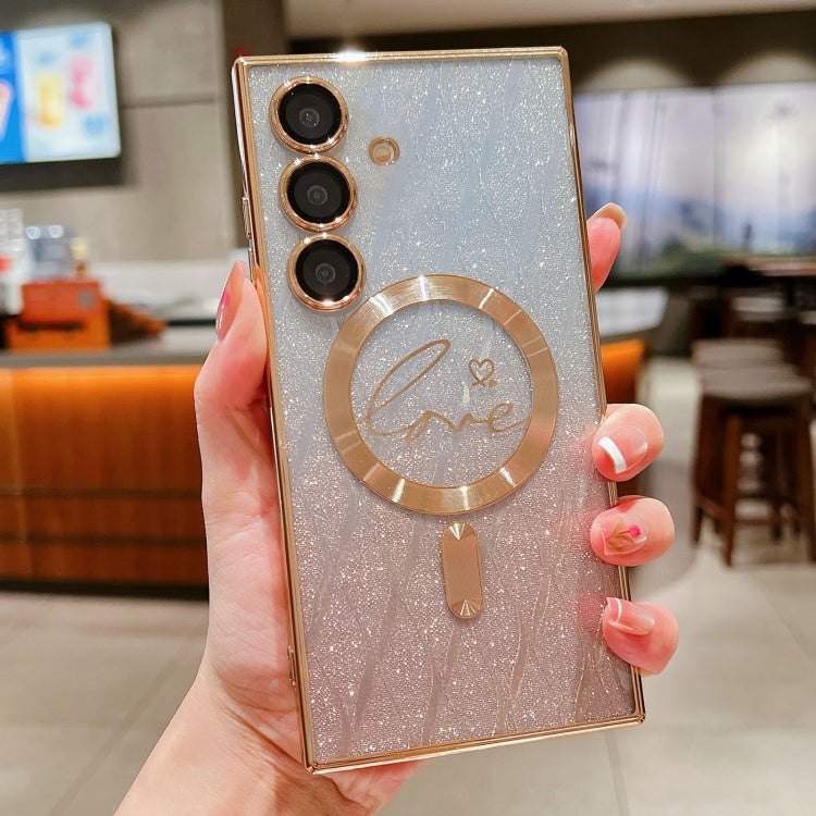 For Samsung Galaxy S25 5G Dual-Love Leaves Gradient Glitter MagSafe TPU Phone Case(Gold) by buy2fix