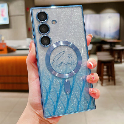 For Samsung Galaxy S25 5G Dual-Love Leaves Gradient Glitter MagSafe TPU Phone Case(Blue) by buy2fix