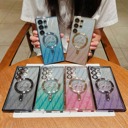 For Samsung Galaxy S25+ 5G Dual-Love Leaves Gradient Glitter MagSafe TPU Phone Case(Blue) by buy2fix