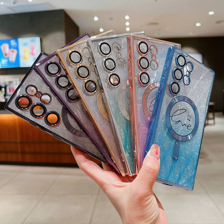 For Samsung Galaxy S25 5G Dual-Love Leaves Gradient Glitter MagSafe TPU Phone Case(Pink) by buy2fix