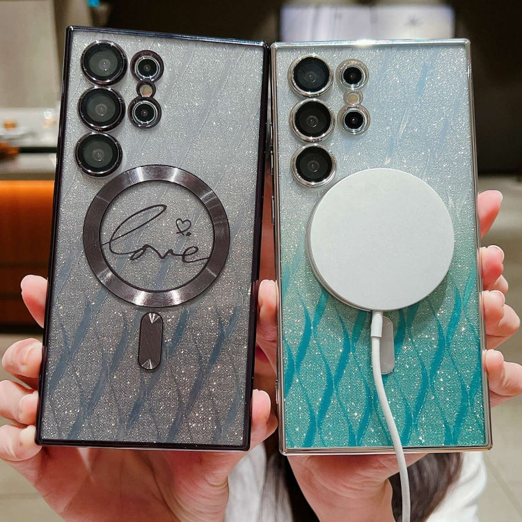 For Samsung Galaxy S25+ 5G Dual-Love Leaves Gradient Glitter MagSafe TPU Phone Case(Pink) by buy2fix