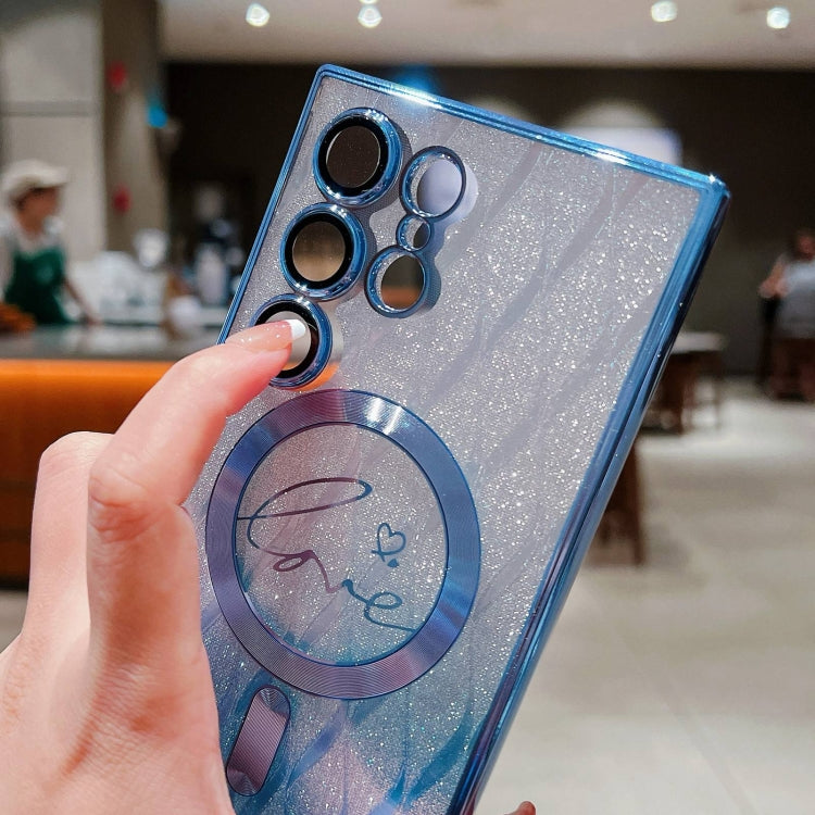 For Samsung Galaxy S25 5G Dual-Love Leaves Gradient Glitter MagSafe TPU Phone Case(Blue) by buy2fix