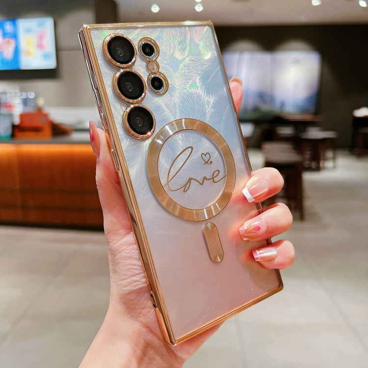 For Samsung Galaxy S25 Ultra 5G Dual-Love Feather Gradient Glitter MagSafe TPU Phone Case(Gold) by buy2fix
