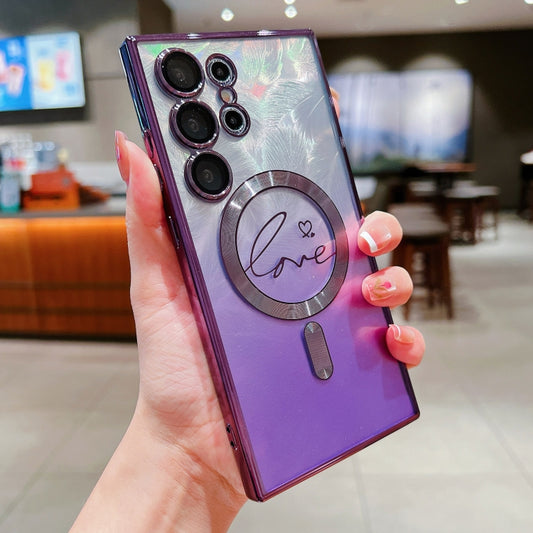 For Samsung Galaxy S25 Ultra 5G Dual-Love Feather Gradient Glitter MagSafe TPU Phone Case(Purple) by buy2fix