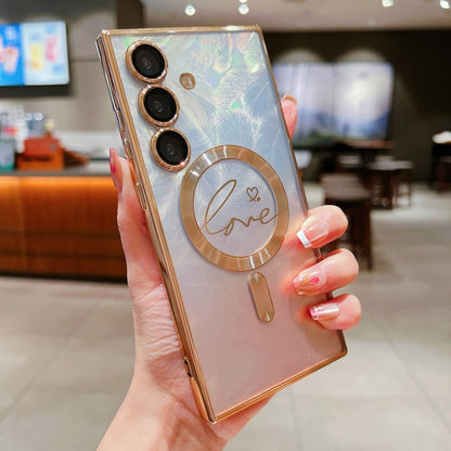 For Samsung Galaxy S25+ 5G Dual-Love Feather Gradient Glitter MagSafe TPU Phone Case(Gold) by buy2fix