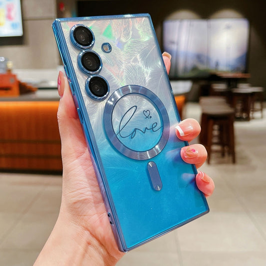 For Samsung Galaxy S25+ 5G Dual-Love Feather Gradient Glitter MagSafe TPU Phone Case(Blue) by buy2fix