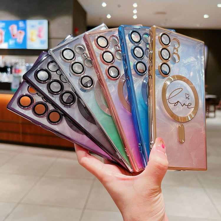 For Samsung Galaxy S25 Ultra 5G Dual-Love Feather Gradient Glitter MagSafe TPU Phone Case(Purple) by buy2fix