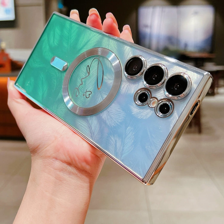 For Samsung Galaxy S25 Ultra 5G Dual-Love Feather Gradient Glitter MagSafe TPU Phone Case(Blue) by buy2fix