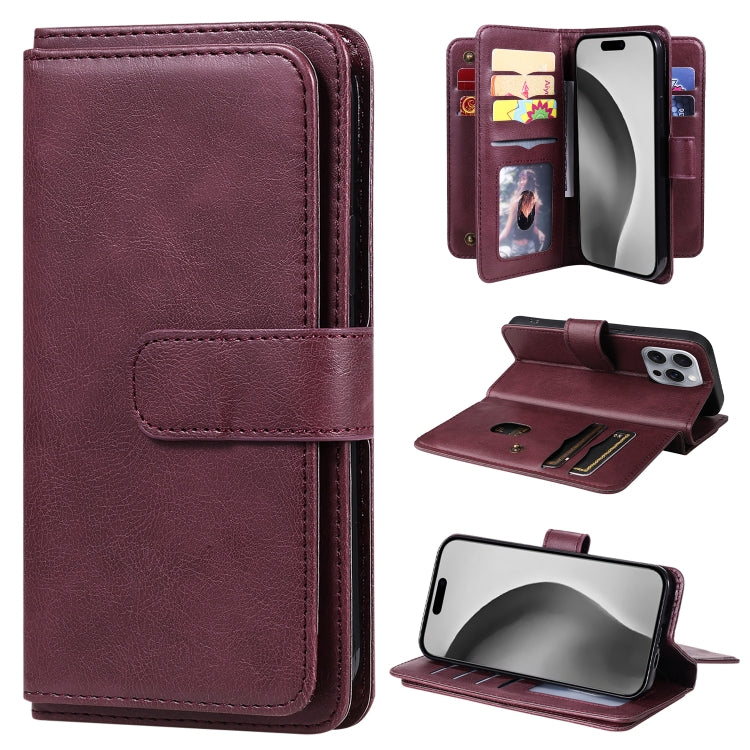 For iPhone 16 Pro Max Multi-Function Wallet 10 Card Slots Leather Phone Case(Claret) by buy2fix