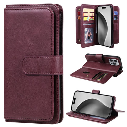 For iPhone 16 Pro Max Multi-Function Wallet 10 Card Slots Leather Phone Case(Claret) by buy2fix