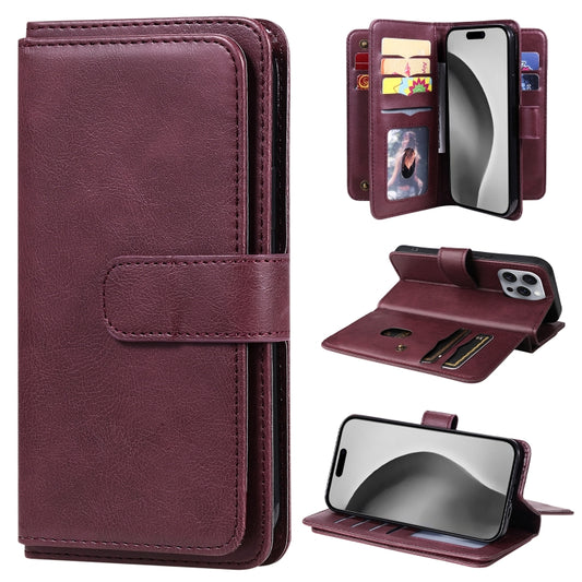 For iPhone 16 Pro Max Multi-Function Wallet 10 Card Slots Leather Phone Case(Claret) by buy2fix