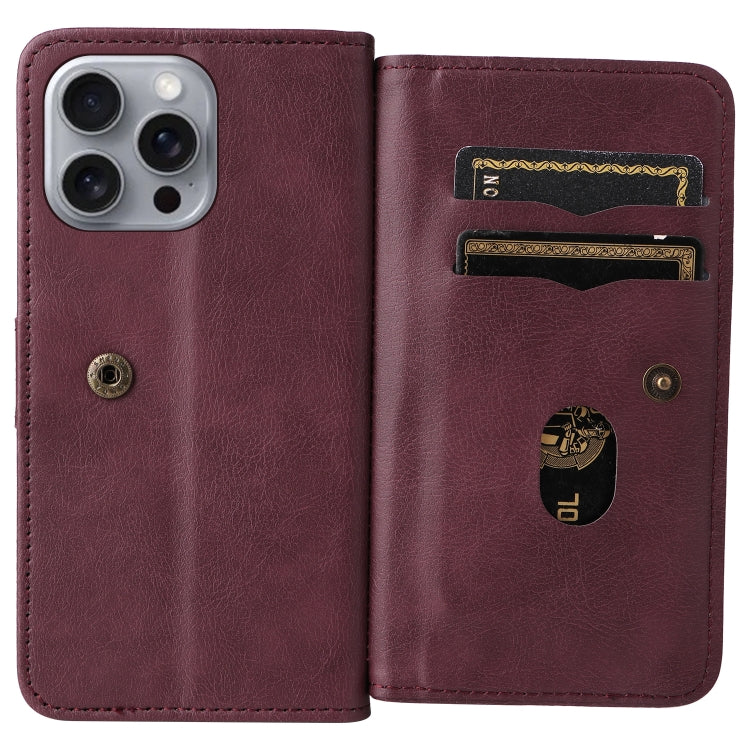 For iPhone 16 Pro Max Multi-Function Wallet 10 Card Slots Leather Phone Case(Claret) by buy2fix