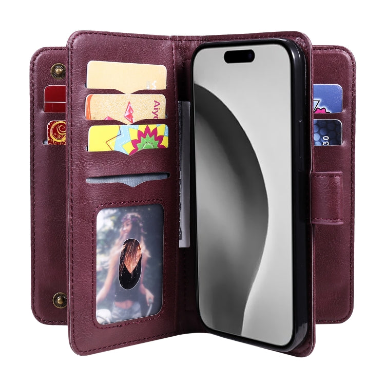 For iPhone 16 Pro Max Multi-Function Wallet 10 Card Slots Leather Phone Case(Claret) by buy2fix
