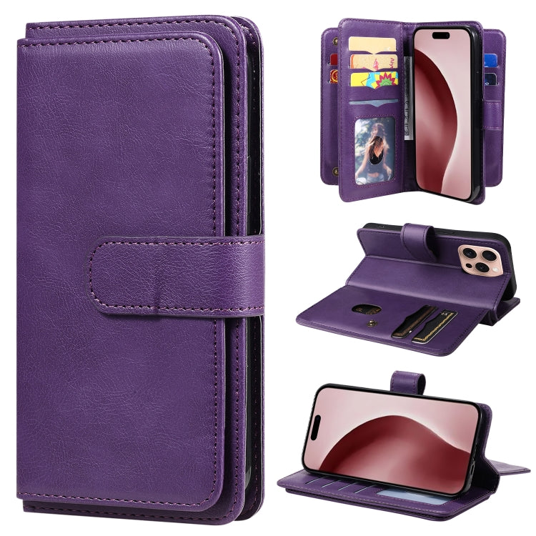 For iPhone 16 Pro Multi-Function Wallet 10 Card Slots Leather Phone Case(Violet) by buy2fix