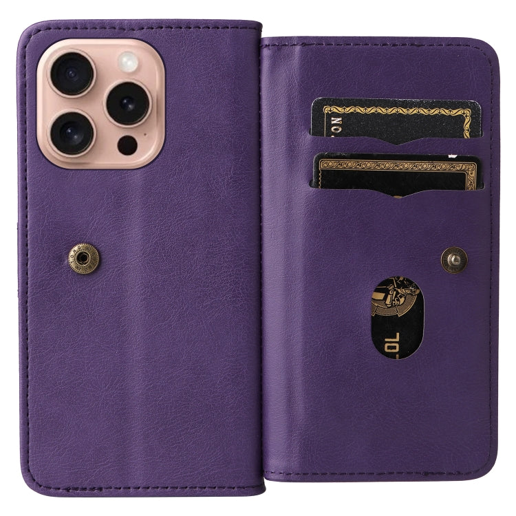 For iPhone 16 Pro Multi-Function Wallet 10 Card Slots Leather Phone Case(Violet) by buy2fix