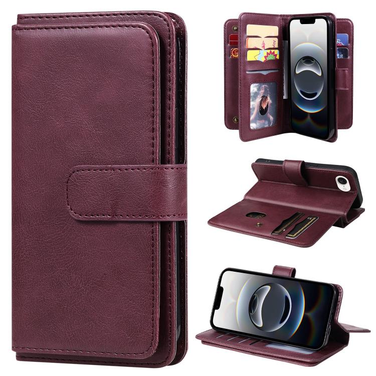 For iPhone 16e Multi-Function Wallet 10 Card Slots Leather Phone Case(Claret) by buy2fix