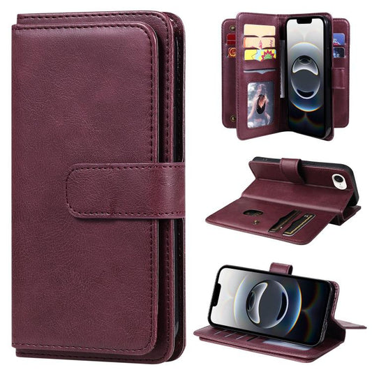 For iPhone 16e Multi-Function Wallet 10 Card Slots Leather Phone Case(Claret) by buy2fix