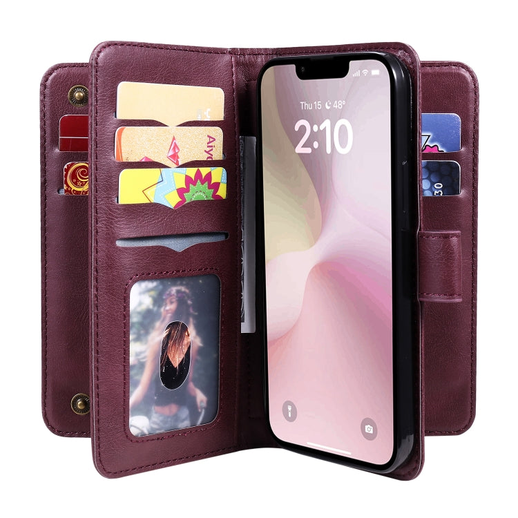 For iPhone 16e Multi-Function Wallet 10 Card Slots Leather Phone Case(Claret) by buy2fix