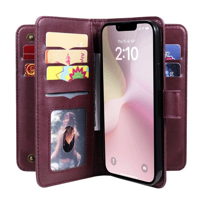 For iPhone 16e Multi-Function Wallet 10 Card Slots Leather Phone Case(Claret) by buy2fix