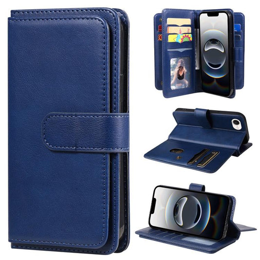 For iPhone 16e Multi-Function Wallet 10 Card Slots Leather Phone Case(Dark Blue) by buy2fix