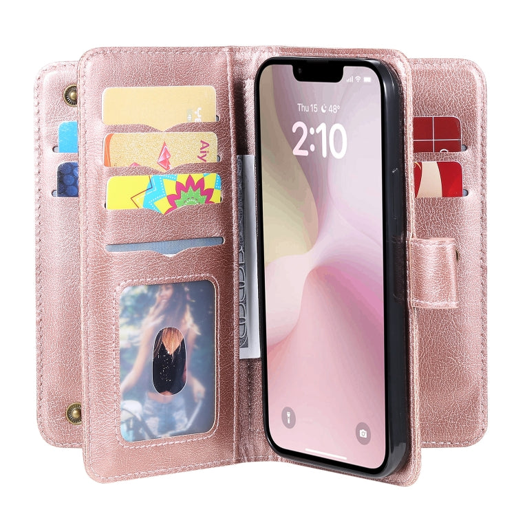 For iPhone 16e Multi-Function Wallet 10 Card Slots Leather Phone Case(Rose Gold) by buy2fix