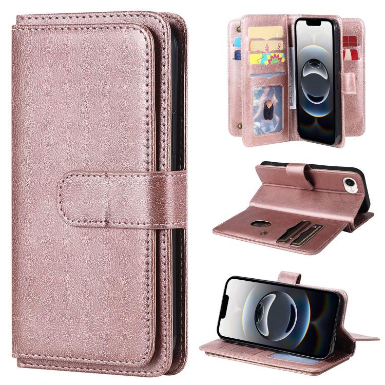 For iPhone 16e Multi-Function Wallet 10 Card Slots Leather Phone Case(Rose Gold) by buy2fix