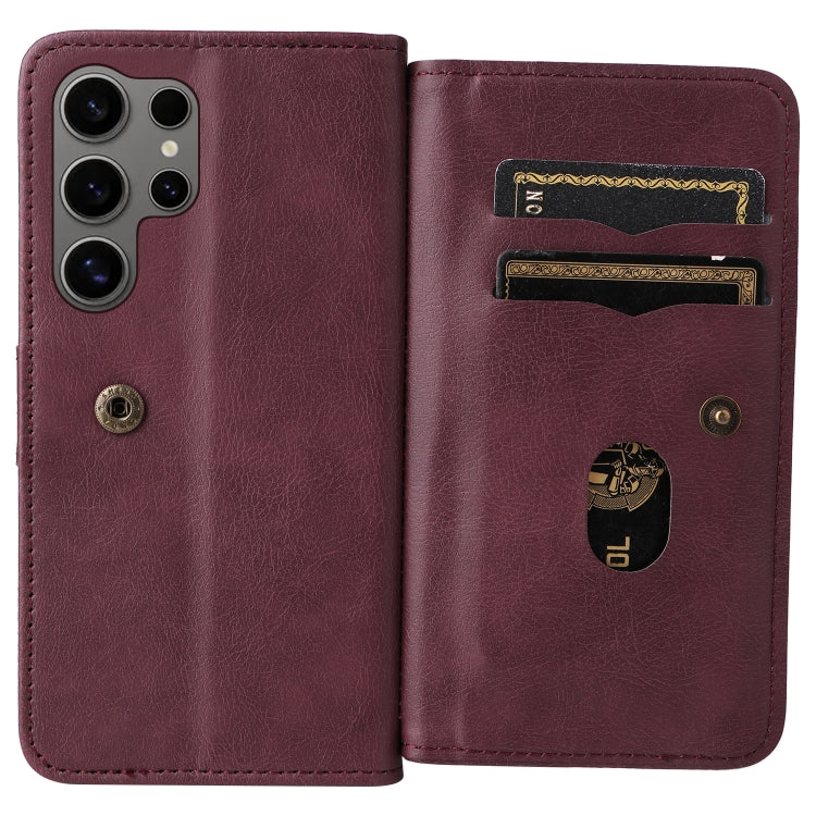 For Samsung Galaxy S25 Ultra 5G Multi-Function Wallet 10 Card Slots Leather Phone Case(Claret) by buy2fix