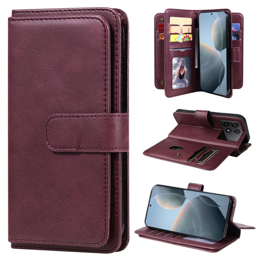 For Redmi K70 Multi-Function Wallet 10 Card Slots Leather Phone Case(Claret) - Xiaomi Cases by buy2fix | Online Shopping UK | buy2fix