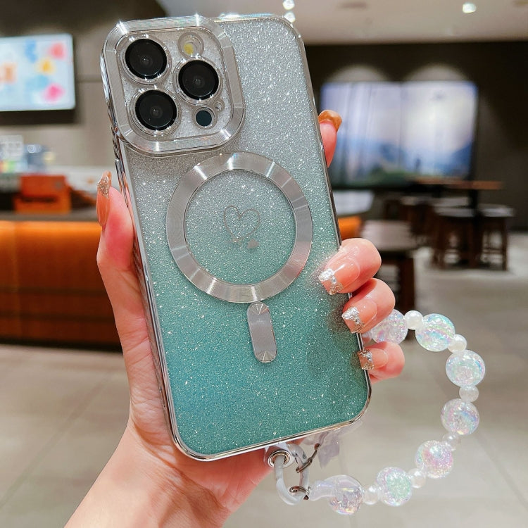 For iPhone 15 Pro Max Loves Gradient Glitter Bracelets Carbon Fiber Magsafe TPU Phone Case(Green) by buy2fix