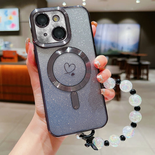 For iPhone 14 Loves Gradient Glitter Bracelets Carbon Fiber Magsafe TPU Phone Case(Black) by buy2fix