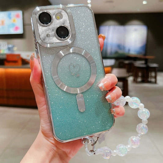 For iPhone 14 Loves Gradient Glitter Bracelets Carbon Fiber Magsafe TPU Phone Case(Green) by buy2fix