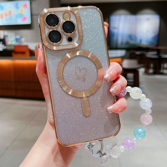 For iPhone 13 Pro Max Loves Gradient Glitter Bracelets Carbon Fiber Magsafe TPU Phone Case(Gold) by buy2fix