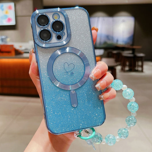 For iPhone 13 Pro Loves Gradient Glitter Bracelets Carbon Fiber Magsafe TPU Phone Case(Blue) by buy2fix