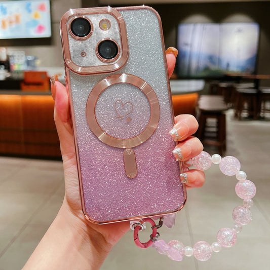 For iPhone 13 Loves Gradient Glitter Bracelets Carbon Fiber Magsafe TPU Phone Case(Pink) by buy2fix