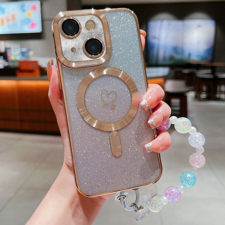 For iPhone 13 Loves Gradient Glitter Bracelets Carbon Fiber Magsafe TPU Phone Case(Gold) by buy2fix