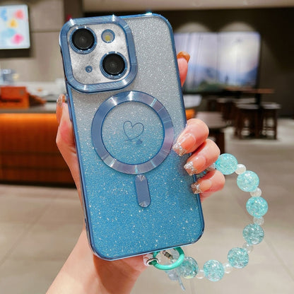 For iPhone 13 Loves Gradient Glitter Bracelets Carbon Fiber Magsafe TPU Phone Case(Blue) by buy2fix