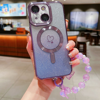 For iPhone 13 Loves Gradient Glitter Bracelets Carbon Fiber Magsafe TPU Phone Case(Purple) by buy2fix