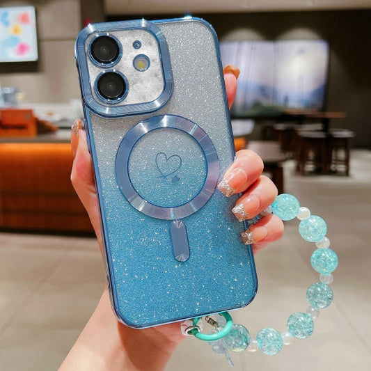 For iPhone 12 Loves Gradient Glitter Bracelets Carbon Fiber Magsafe TPU Phone Case(Blue) by buy2fix
